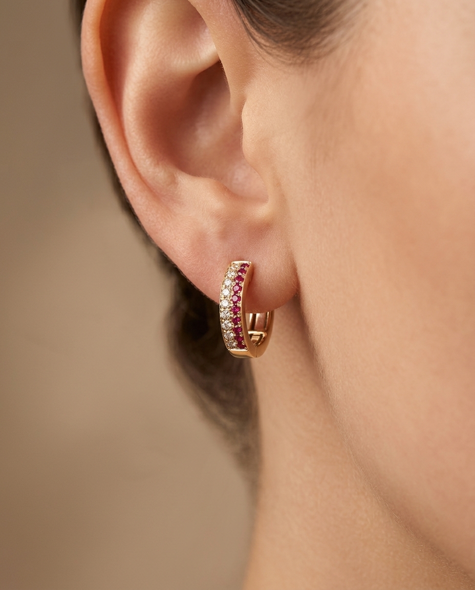 18KT Yellow Gold Ruby and Diamond Earring on model