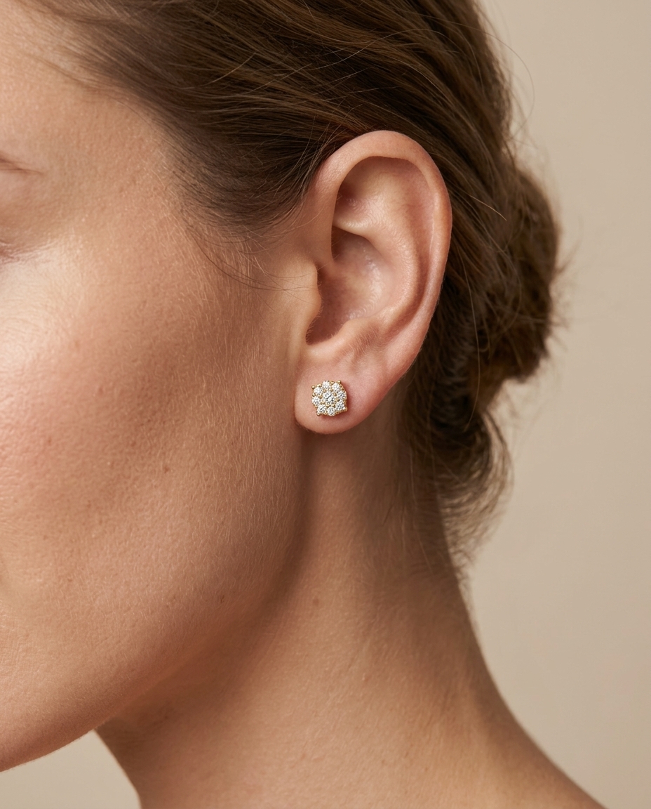 14KT Gold Diamond Round Earring Studs on model