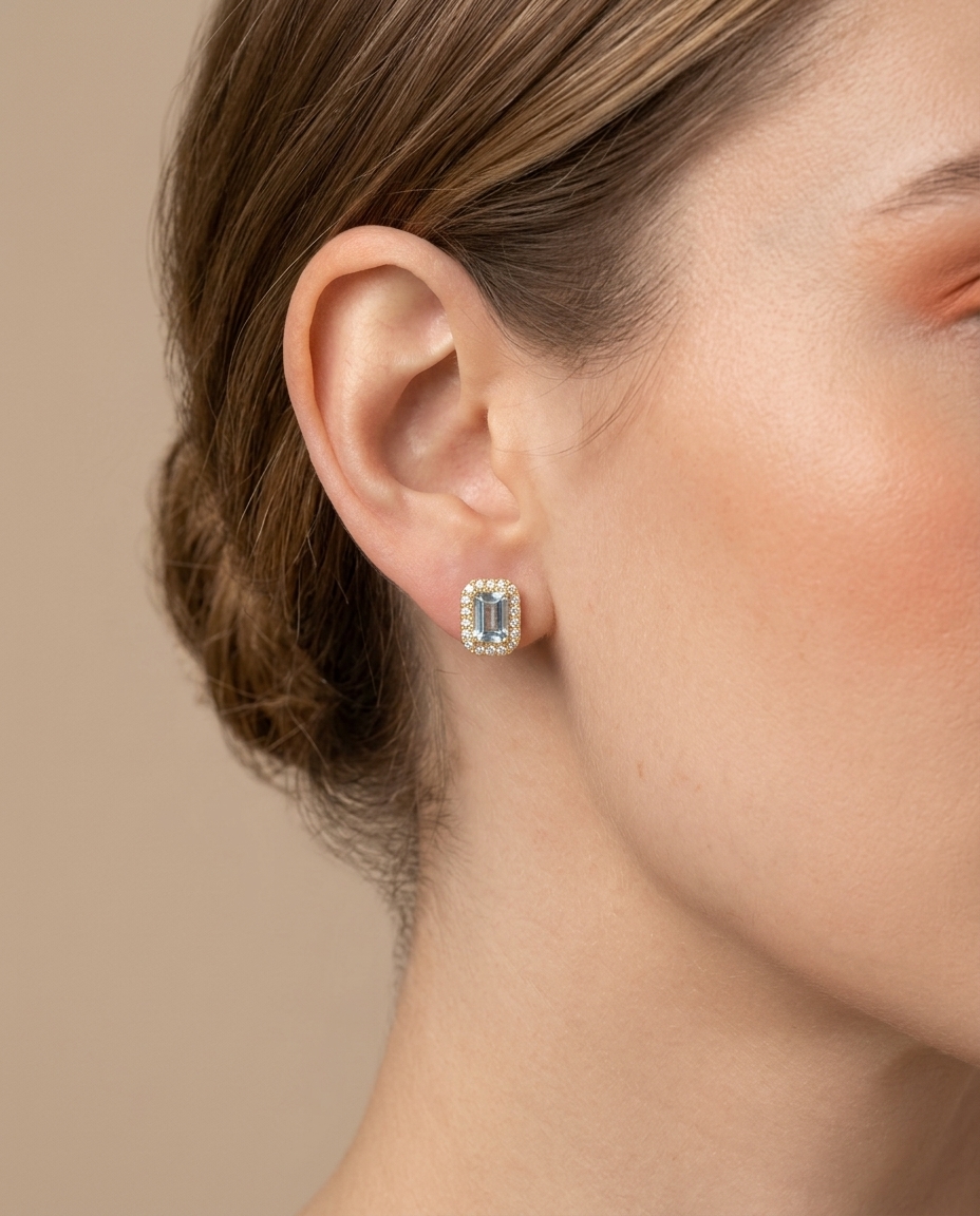 14KT Gold Aquamarine with Diamonds Earring on model