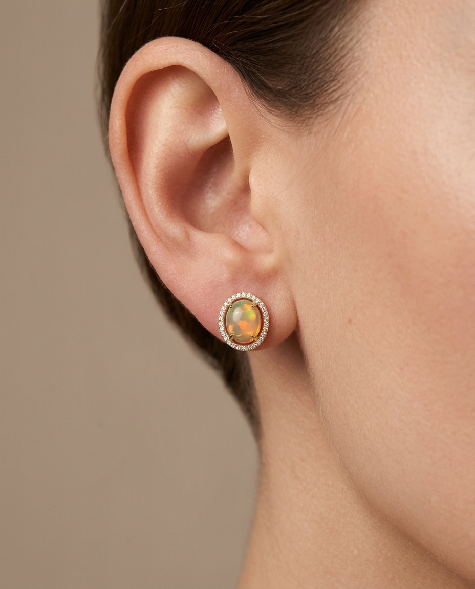 14KT Gold Opal with Diamonds Earring on model