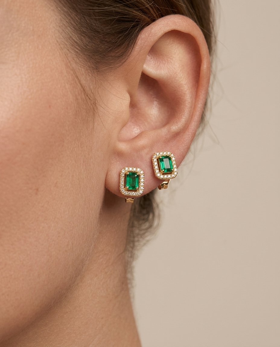 14KT Yellow Gold Emerald with Diamonds Earring view 2