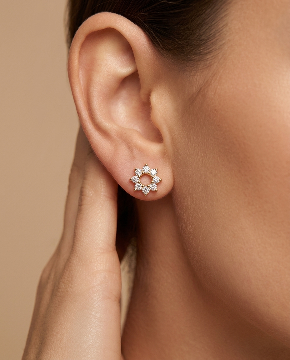 14KT Gold Diamond Open Circle Ear Studs on model