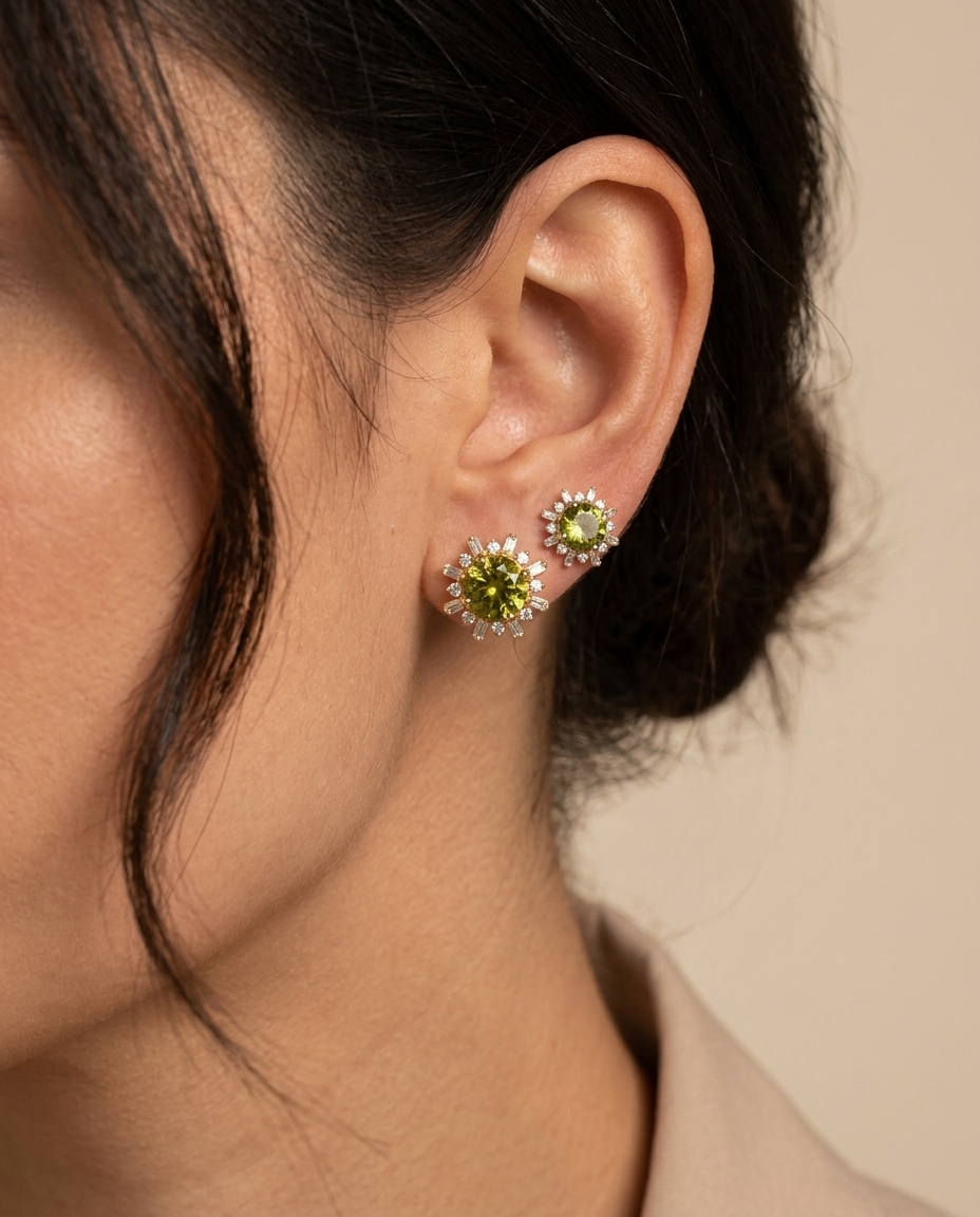 14KT Gold Round Toumaline Stud Earrings with Diamonds on model