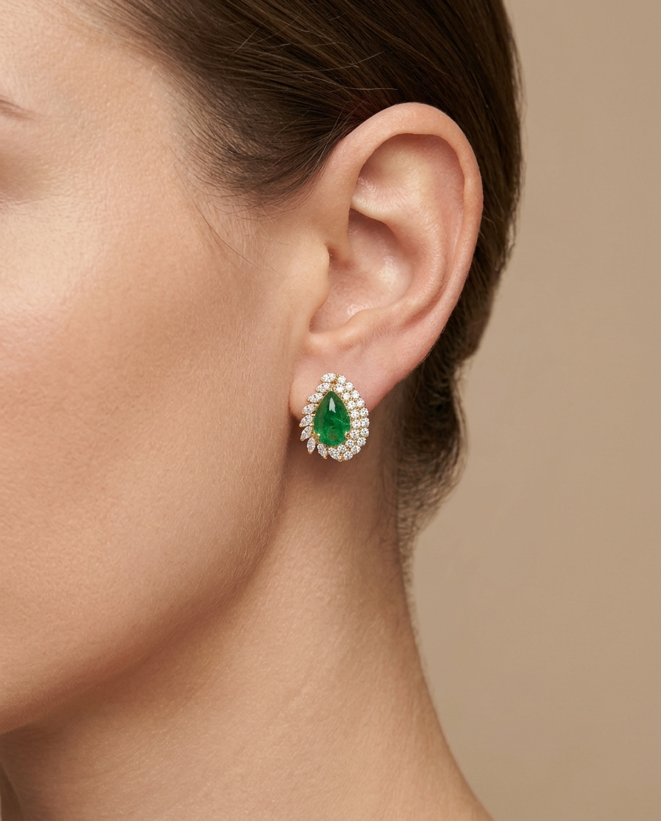 14KT Yellow Gold Tsavorite and Diamonds Earring on model