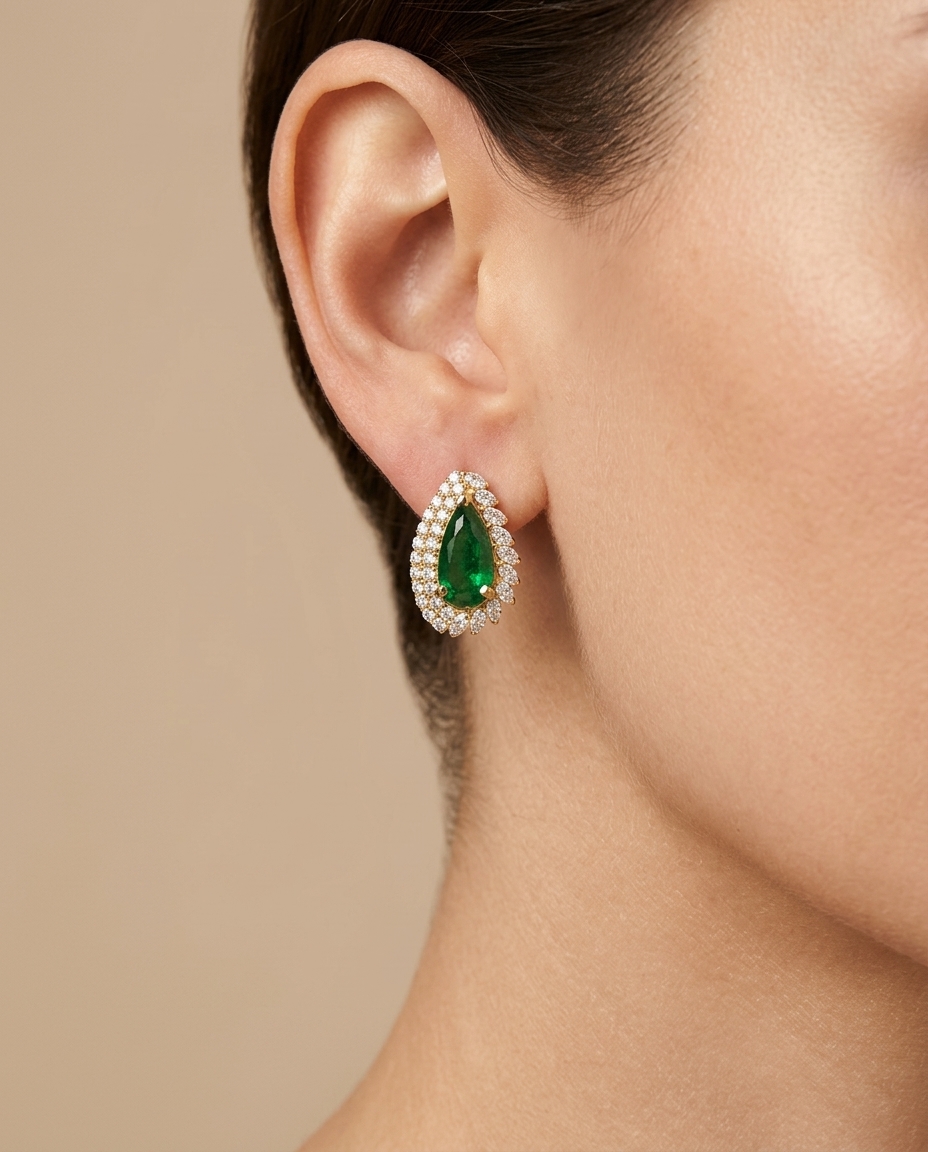 14KT Yellow Gold Tsavorite and Diamonds Earring on model