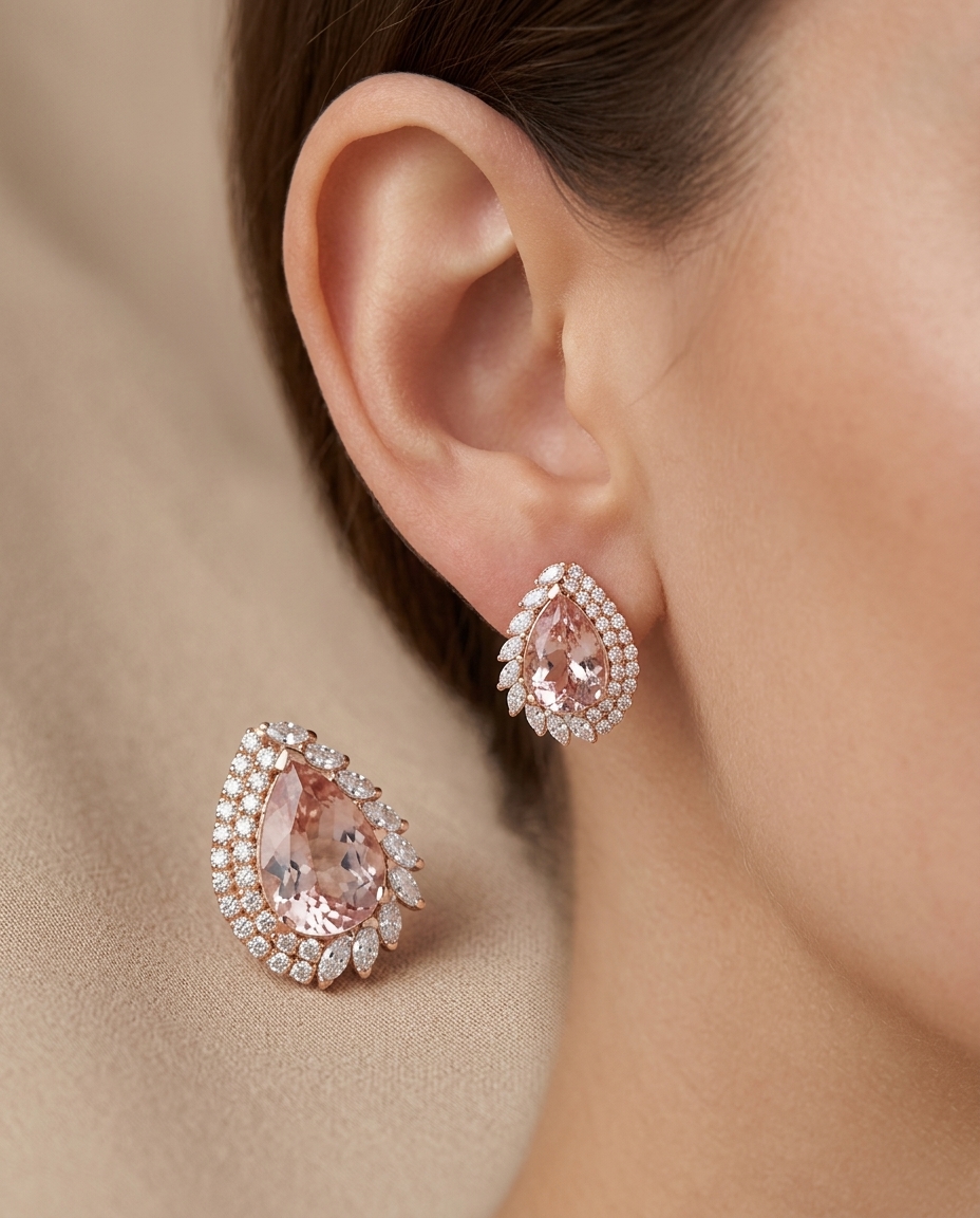 14KT Rose Gold Morganite and Diamonds Earring on model