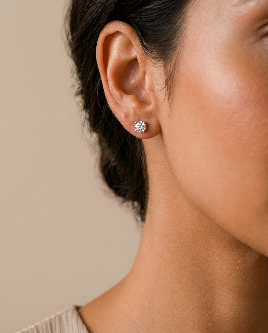 14KT Gold Solitaire Diamond Studs 4 Prong on model