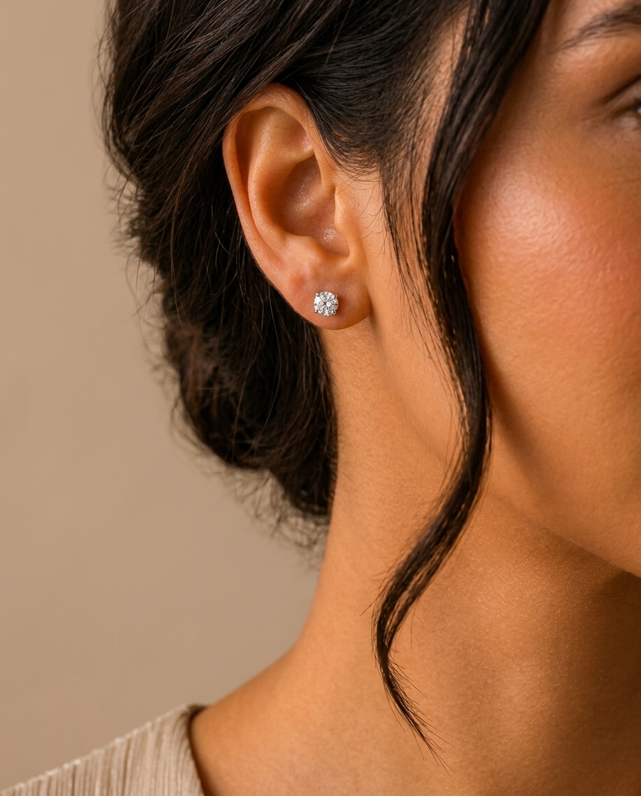 14KT Gold Solitaire Diamond Studs 4 Prong on model