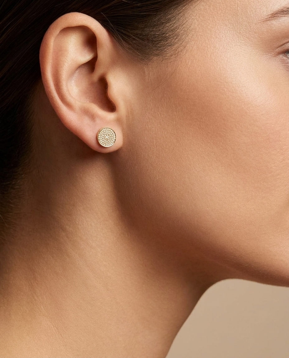 14KT Gold Diamond Round Disk Ear Studs 10 MM on model