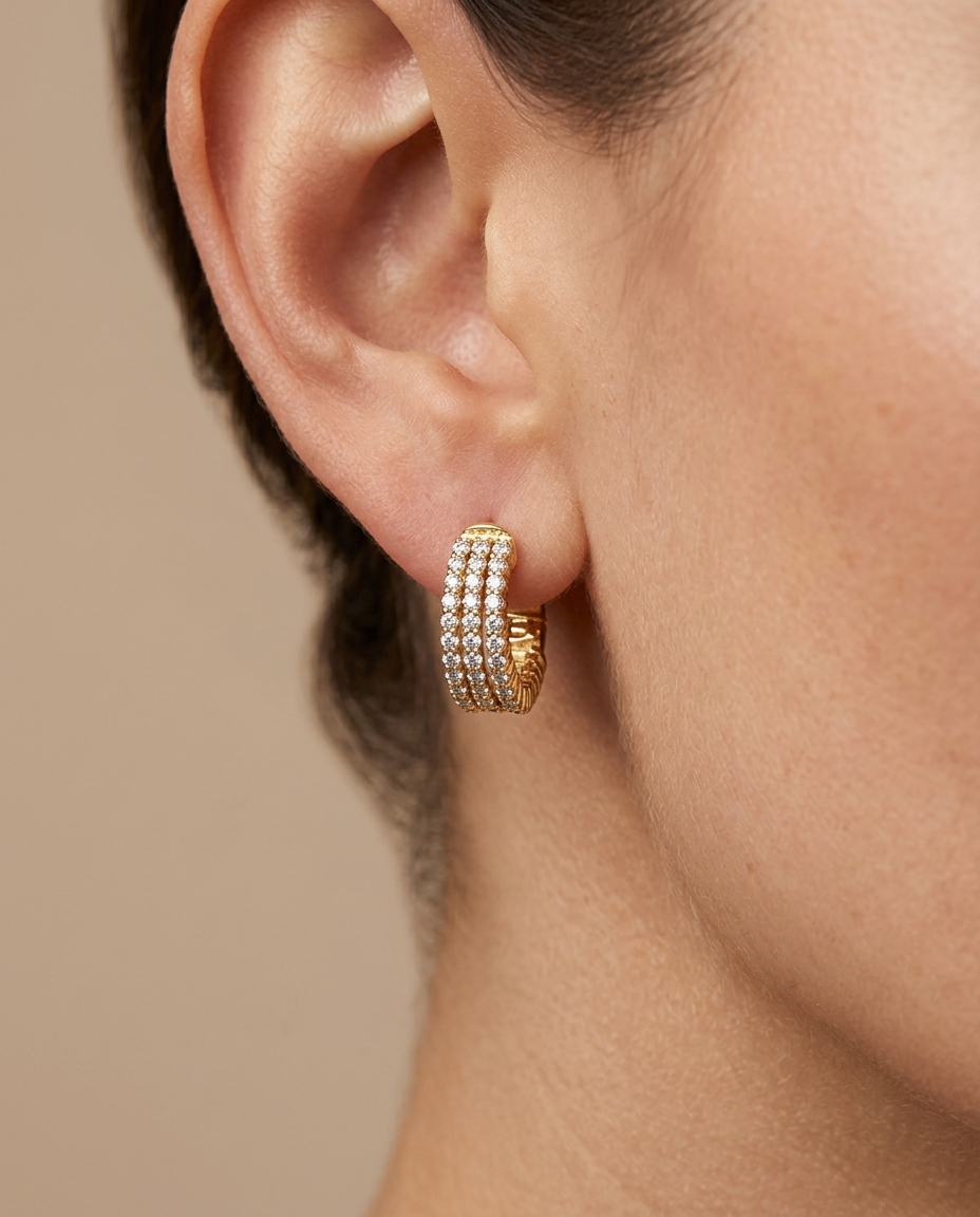 14KT Yellow Gold Diamonds Huggies on model