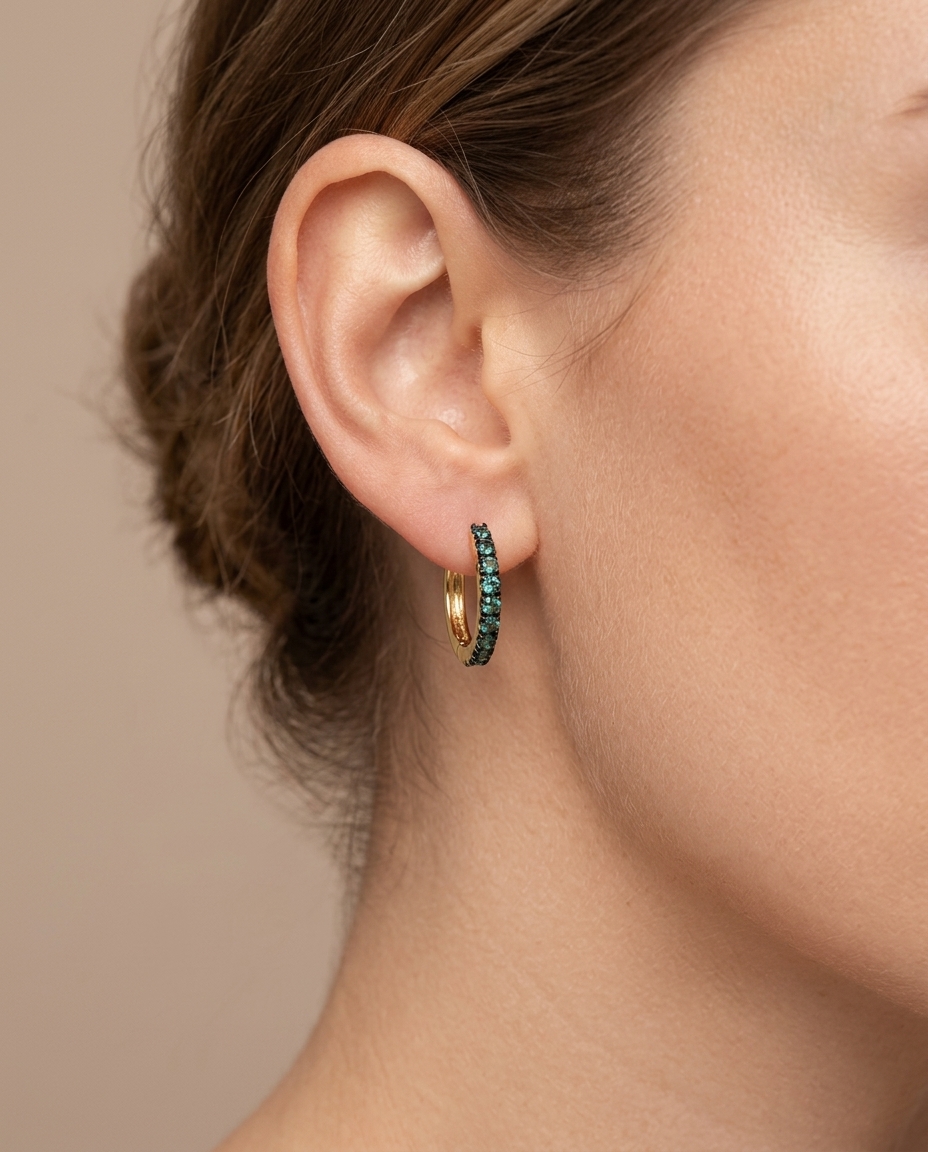 14KT Yellow Gold Emerald Huggies Earring view 2