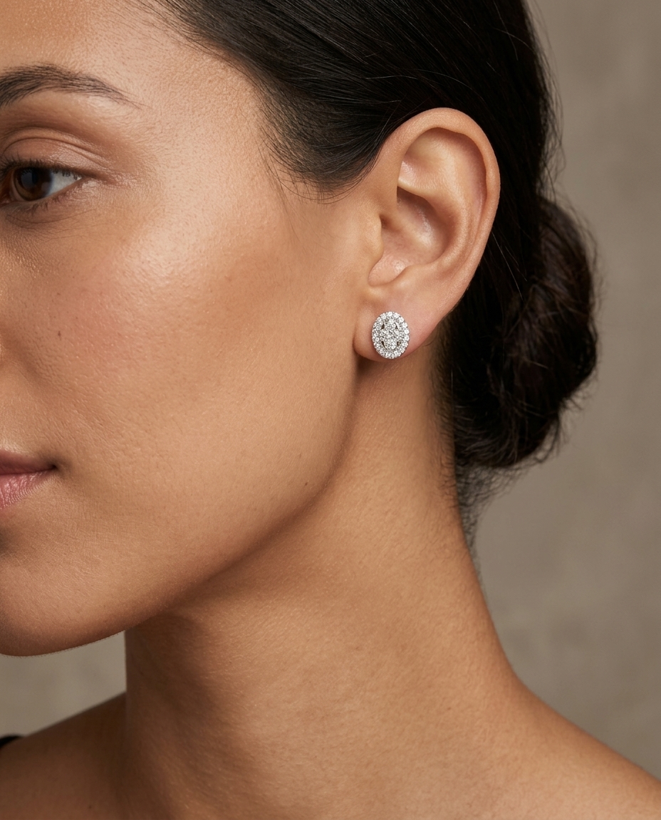 14KT White Gold Diamond Oval Earring view 2