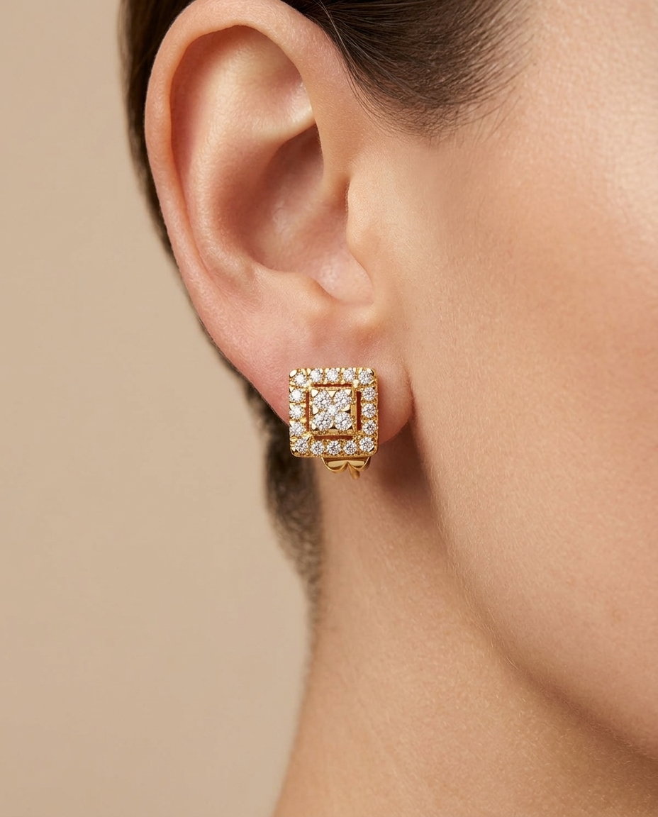 14KT Gold Diamond Square Ear Studs on model
