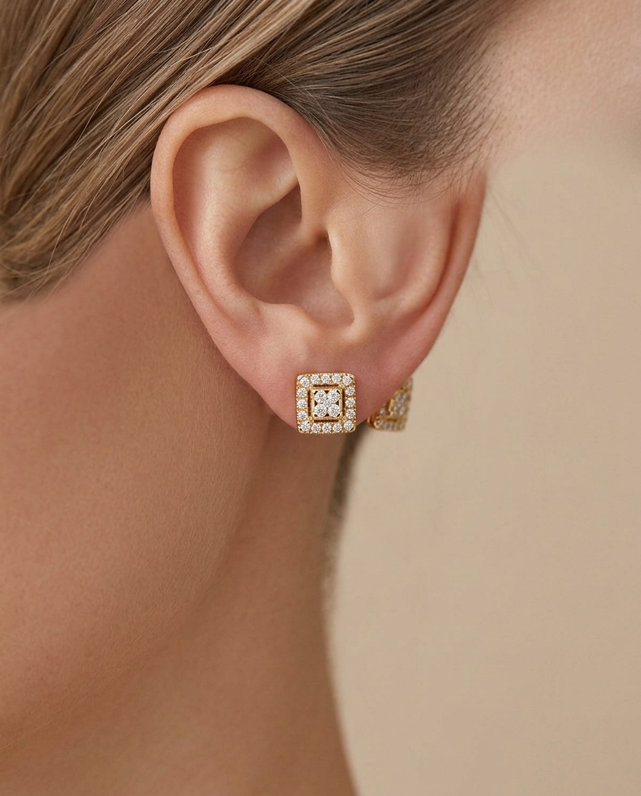 14KT Gold Diamond Square Ear Studs on model