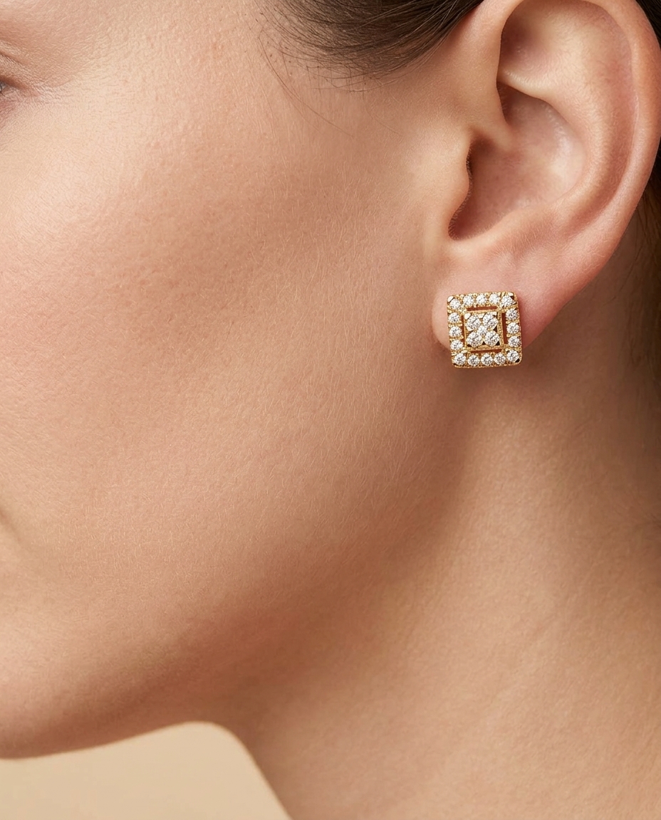 14KT Gold Diamond Square Ear Studs on model