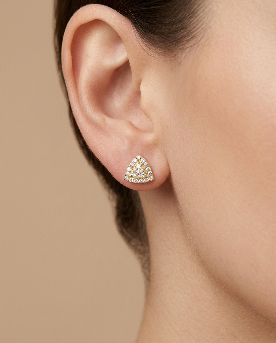 14KT Gold Diamond Triangle Ear Studs on model