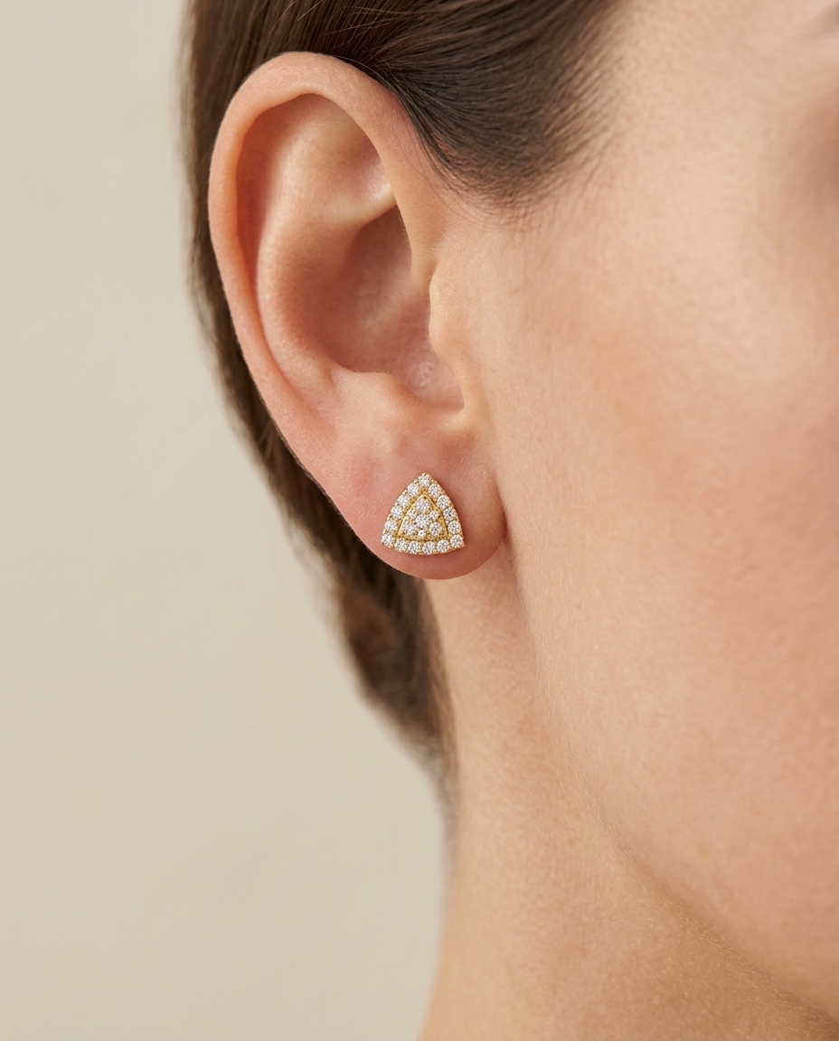 14KT Gold Diamond Triangle Ear Studs on model