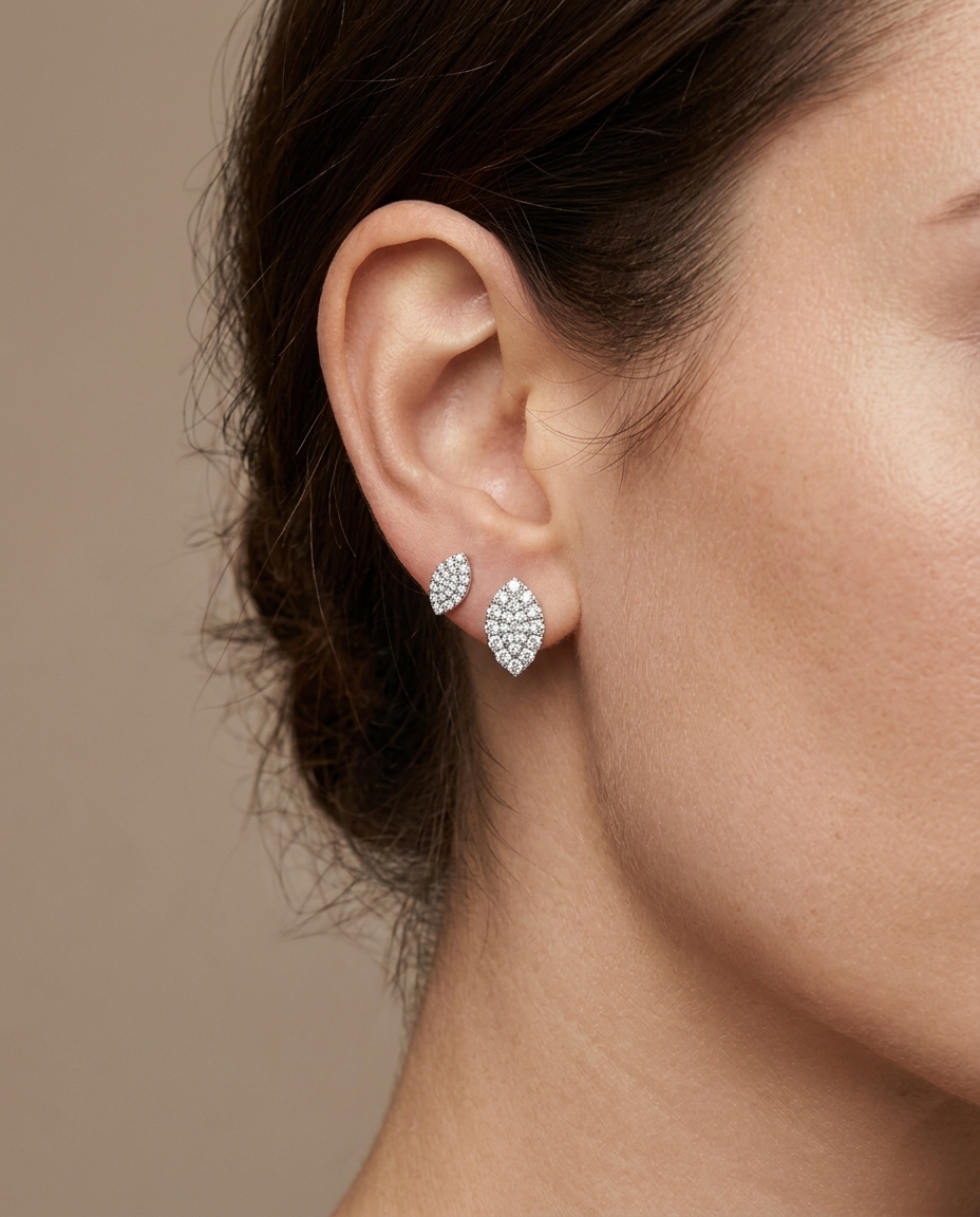 14KT White Gold Diamond Earring on model
