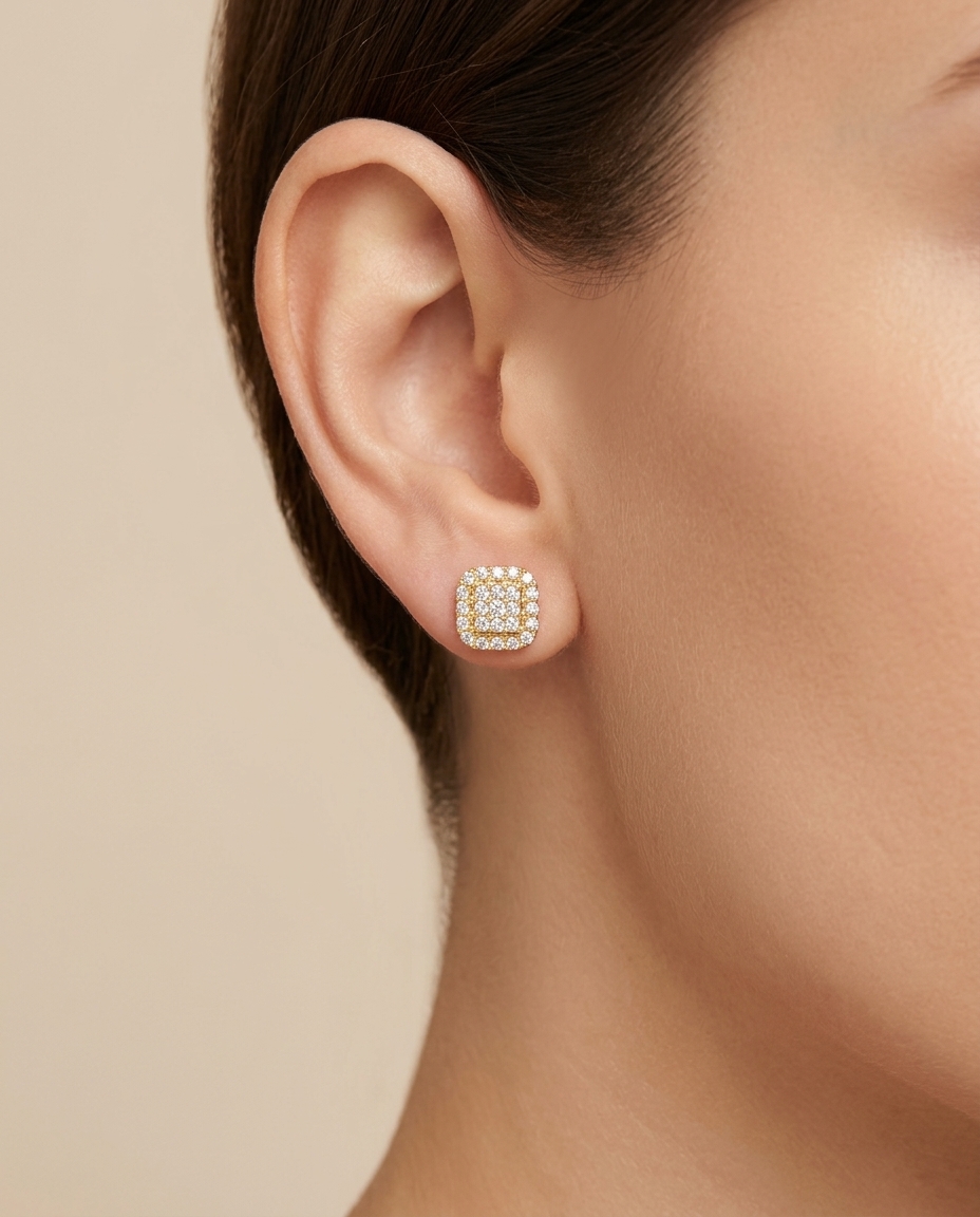 14KT Gold Diamond Square Ear Studs on model