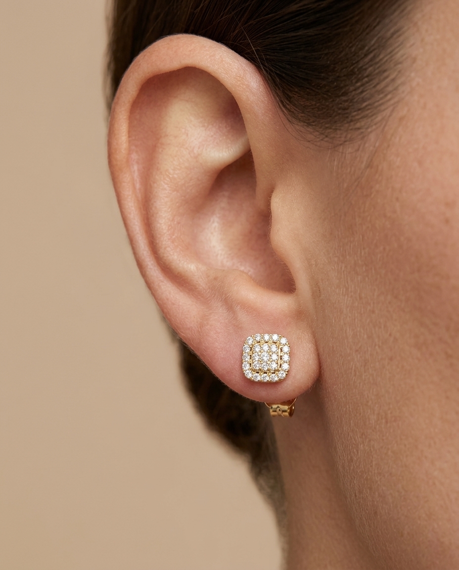 14KT Gold Diamond Square Ear Studs on model
