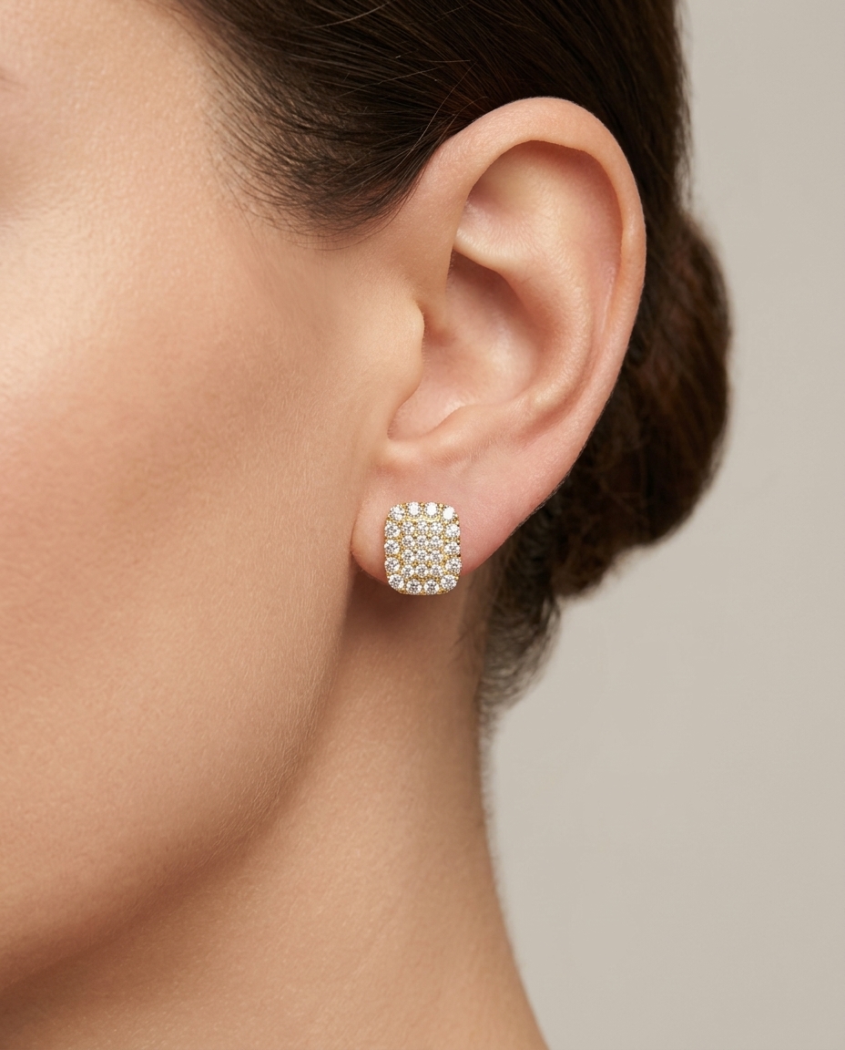 14KT Gold Diamond Rectangle Ear Studs on model