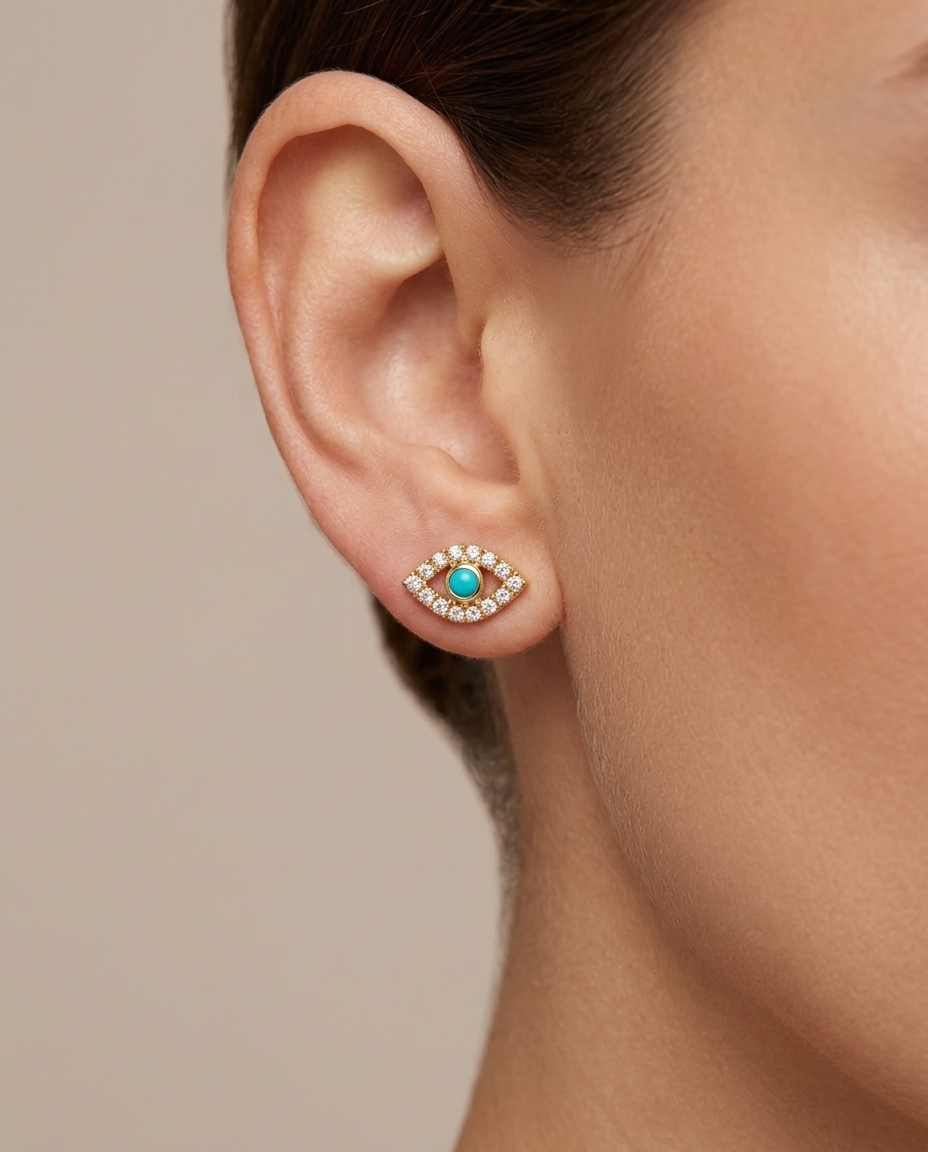 14KT Diamond and Turquoise Evil Eye Studs on model