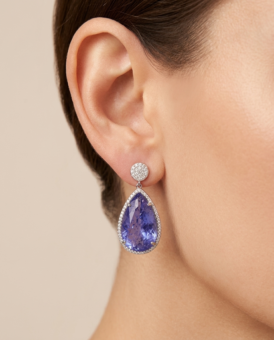 14KT White Gold Tanzanite and Diamonds Earring on model