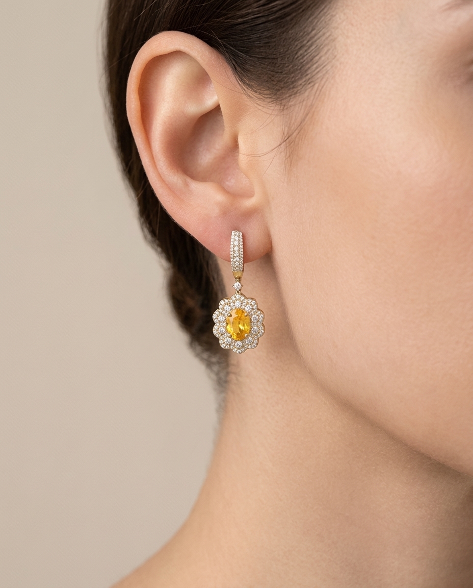 14KT Yellow Gold Yellow Sapphire and Diamonds Earring on model