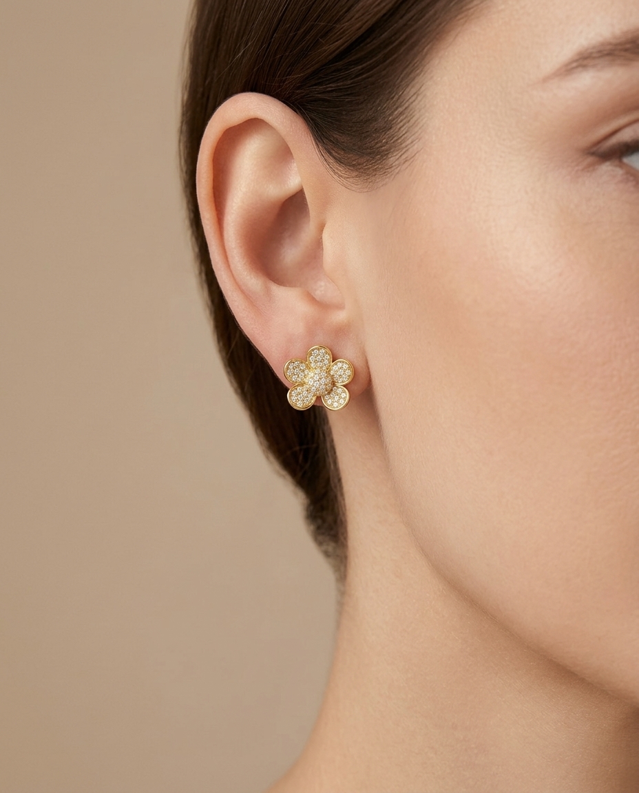 14KT Gold Diamond Flower Earring on model