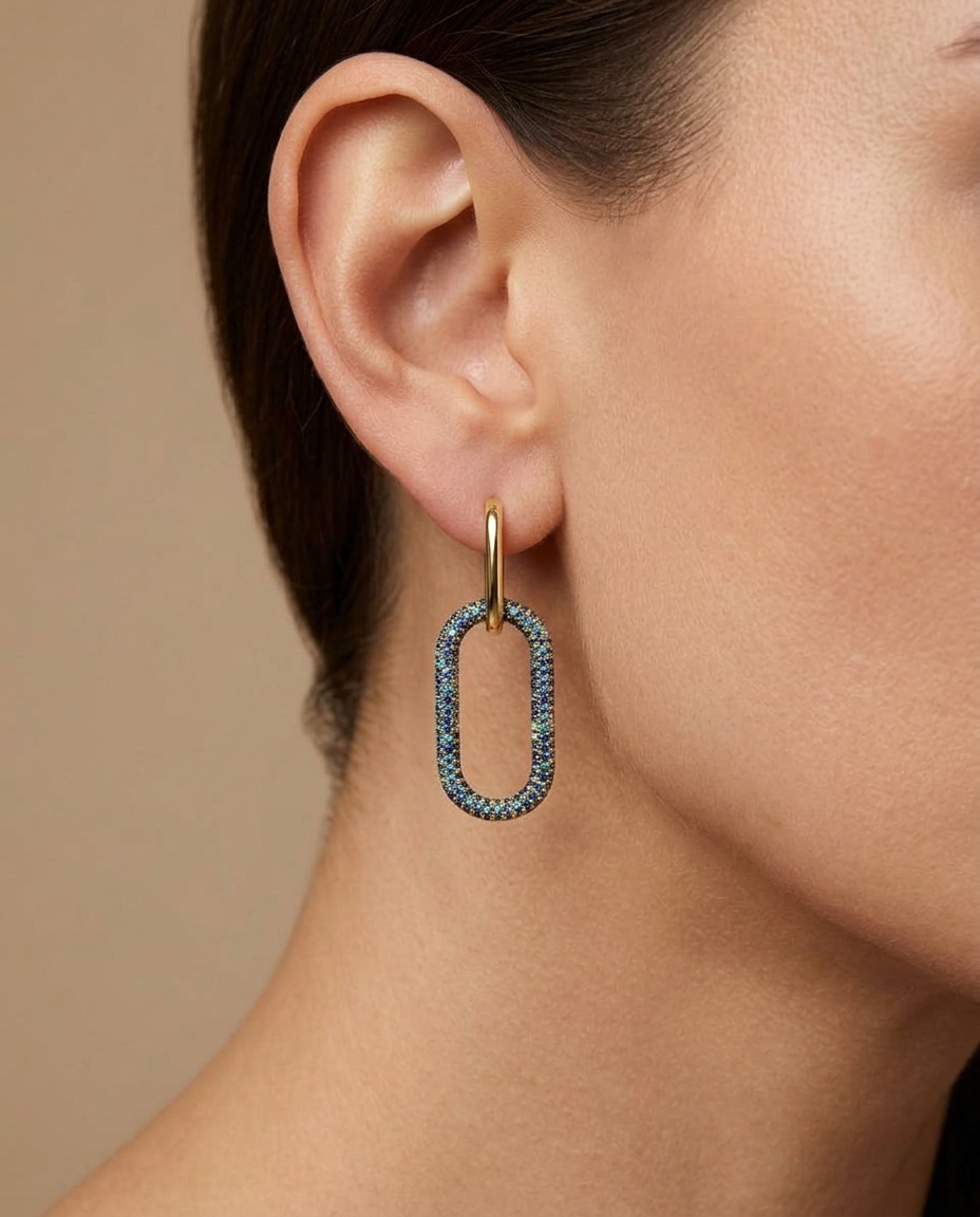 14KT Yellow Gold Blue Sapphire Paperclip Earring on model