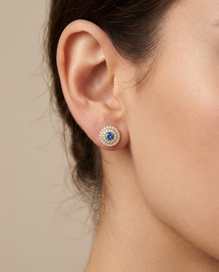 14KT Gold Aquamarine and Diamonds Earring on model