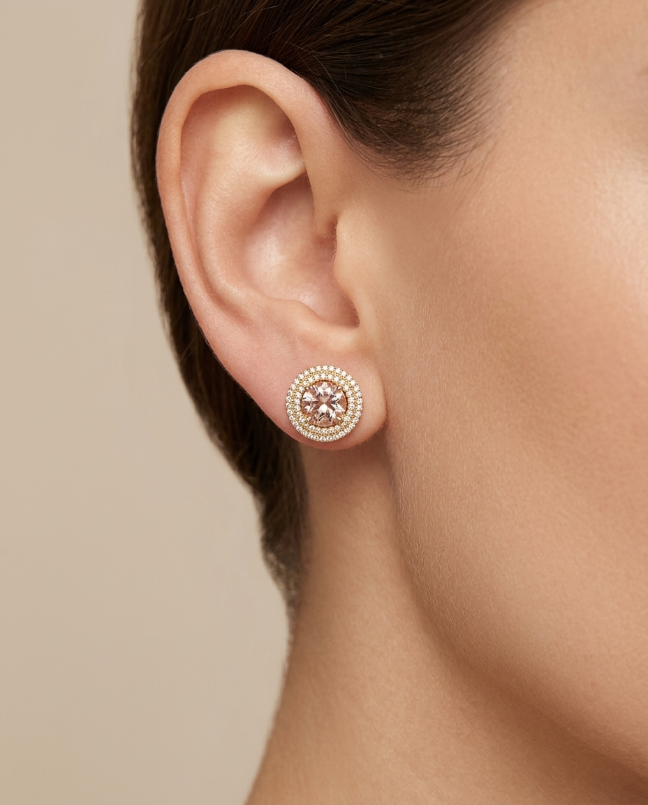 14KT Yellow Gold Pink Tourmaline and Diamonds Earring on model