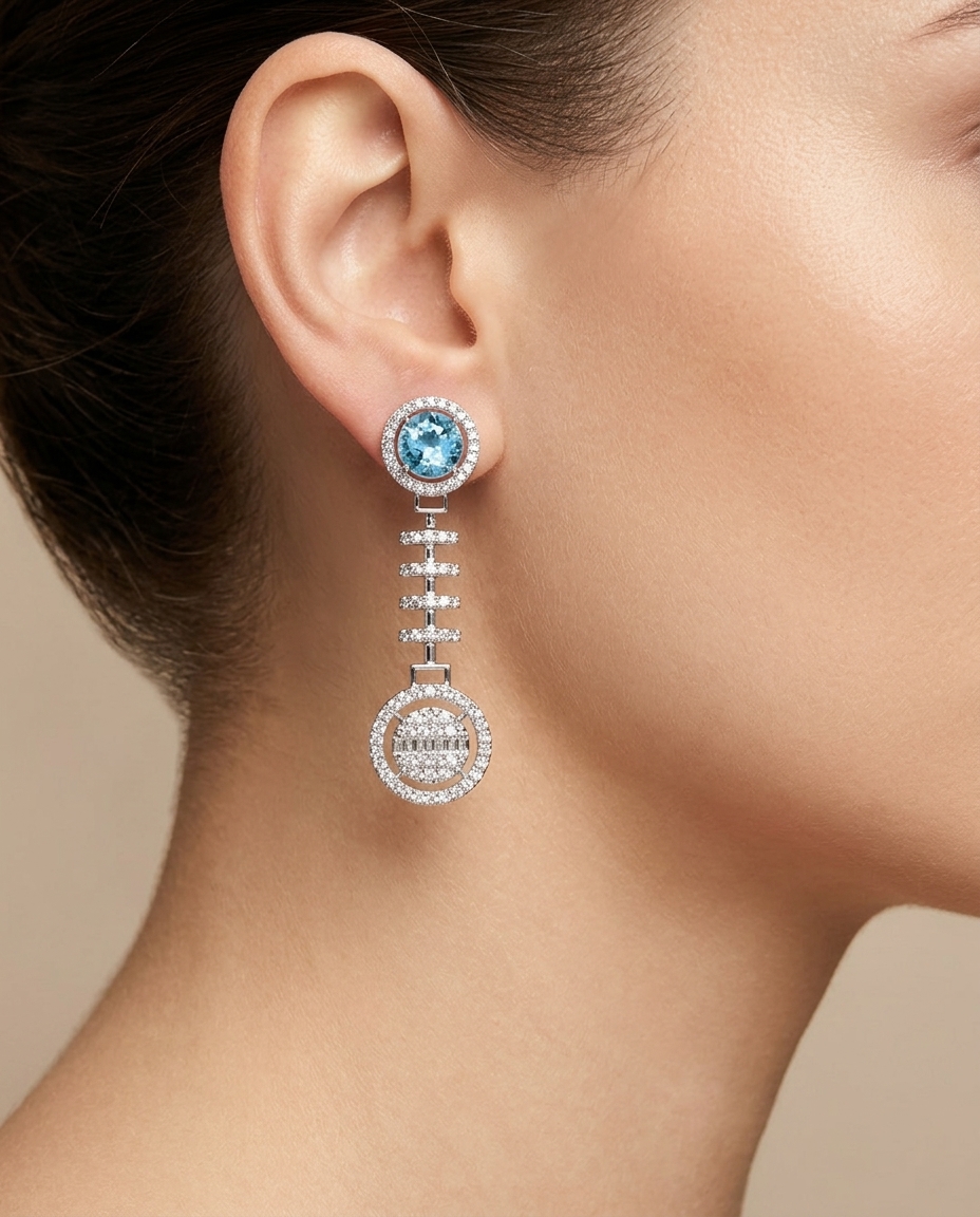 14KT White Gold Aquamarine and Diamonds Earring on model