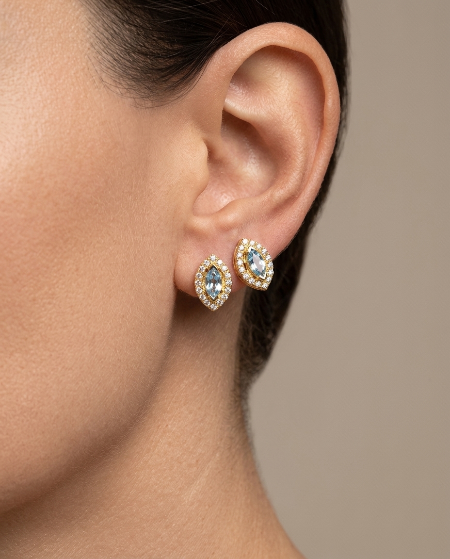 14KT Gold Aquamarine and Diamonds Stud Earring on model