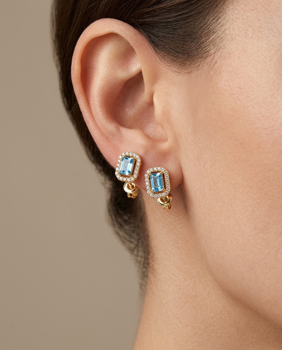 14KT Gold Aquamarine and Diamonds Stud Earring on model