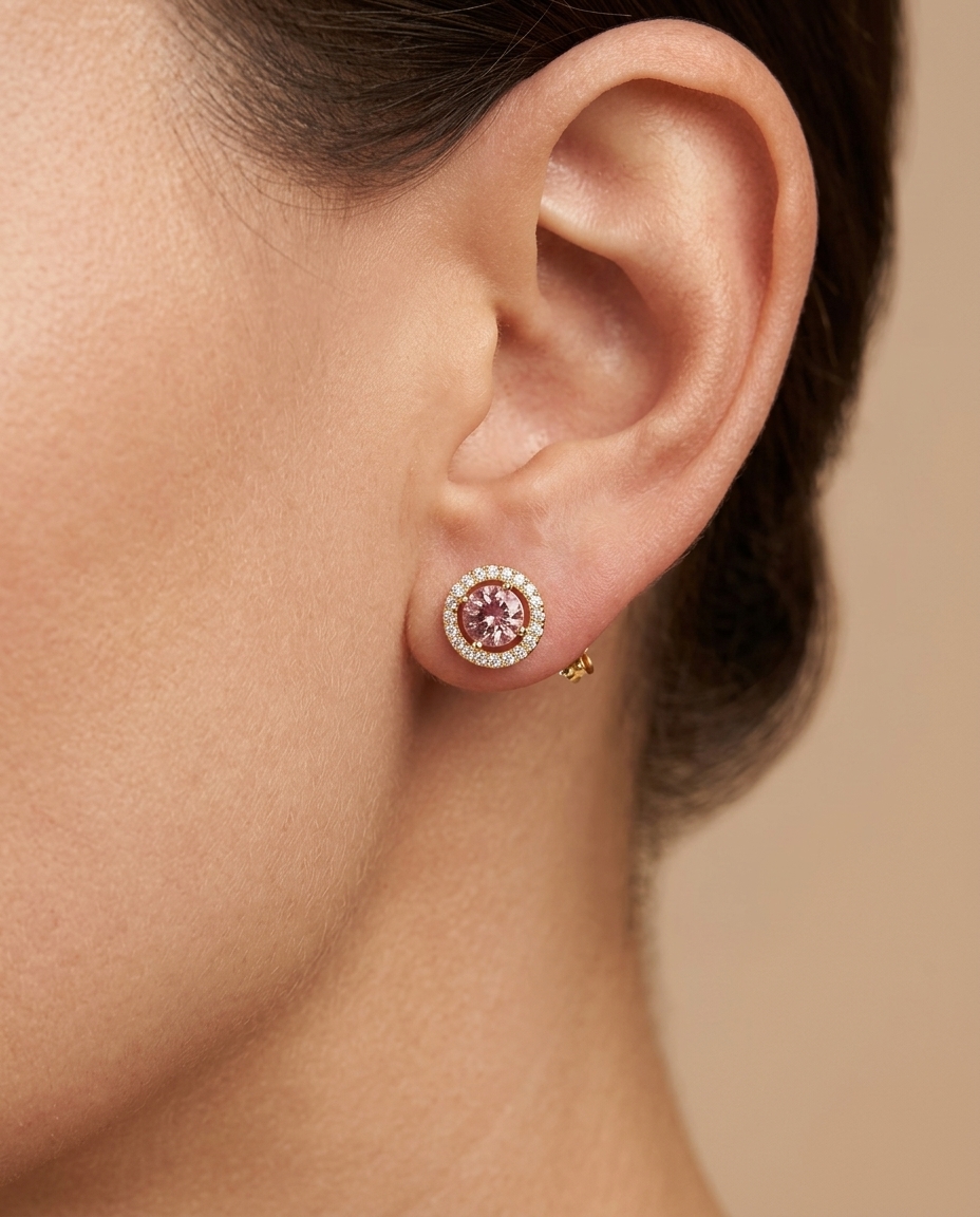 14KT Yellow Gold Pink Tourmaline and Diamonds Stud Earring on model