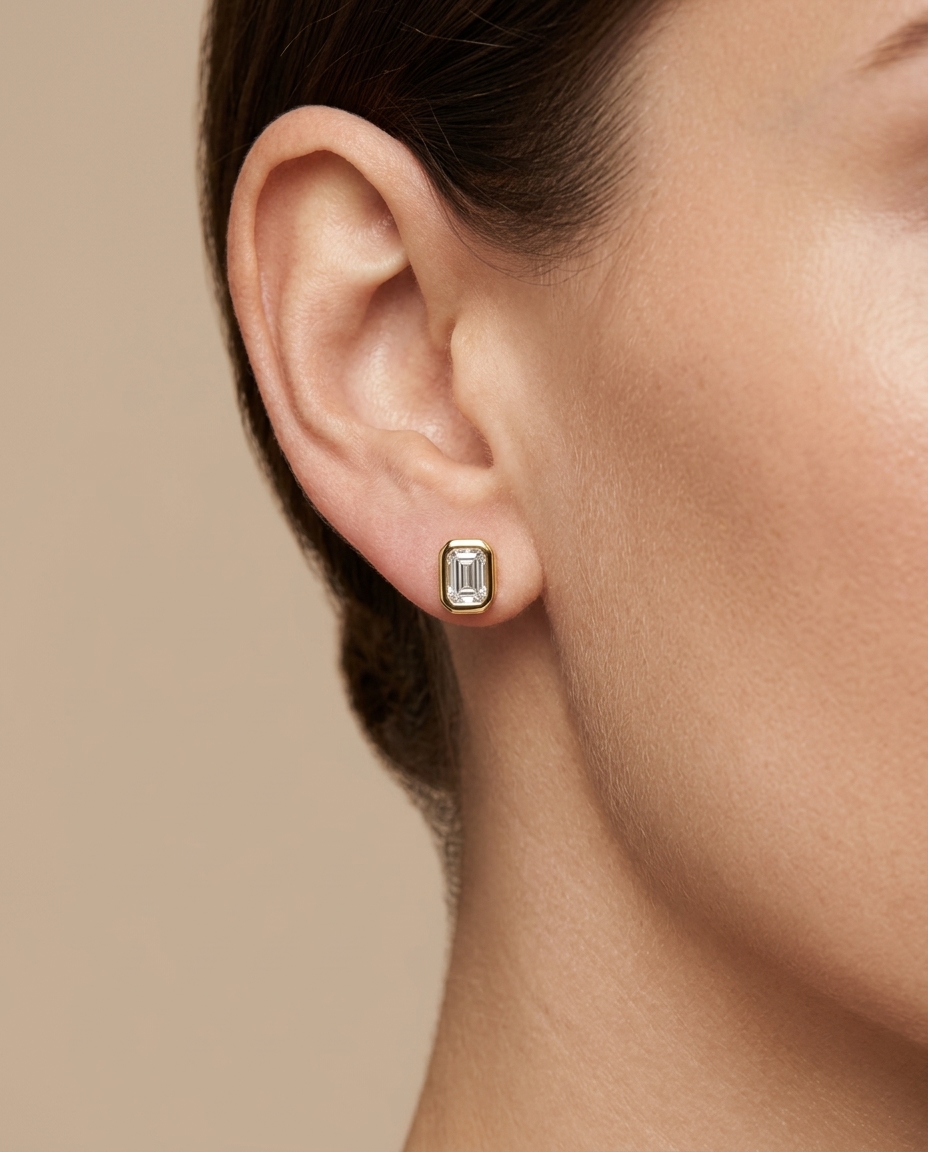 Diamond Baguette Bezeled Ear Studs on model