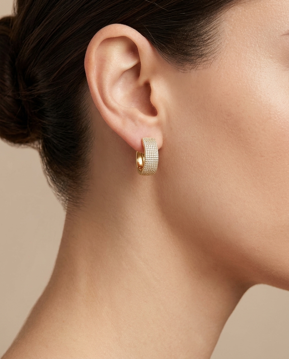 14KT Yellow Gold Diamond Hoop Earring on model