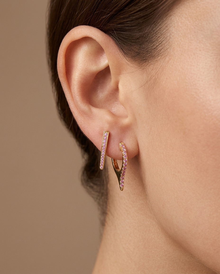 14KT Yellow Gold Pink Sapphire Spike Huggies on model