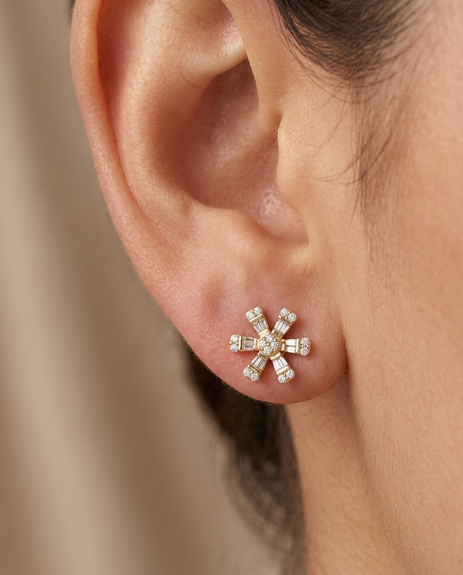 14KT Yellow Gold Flower Earring with Diamonds on model