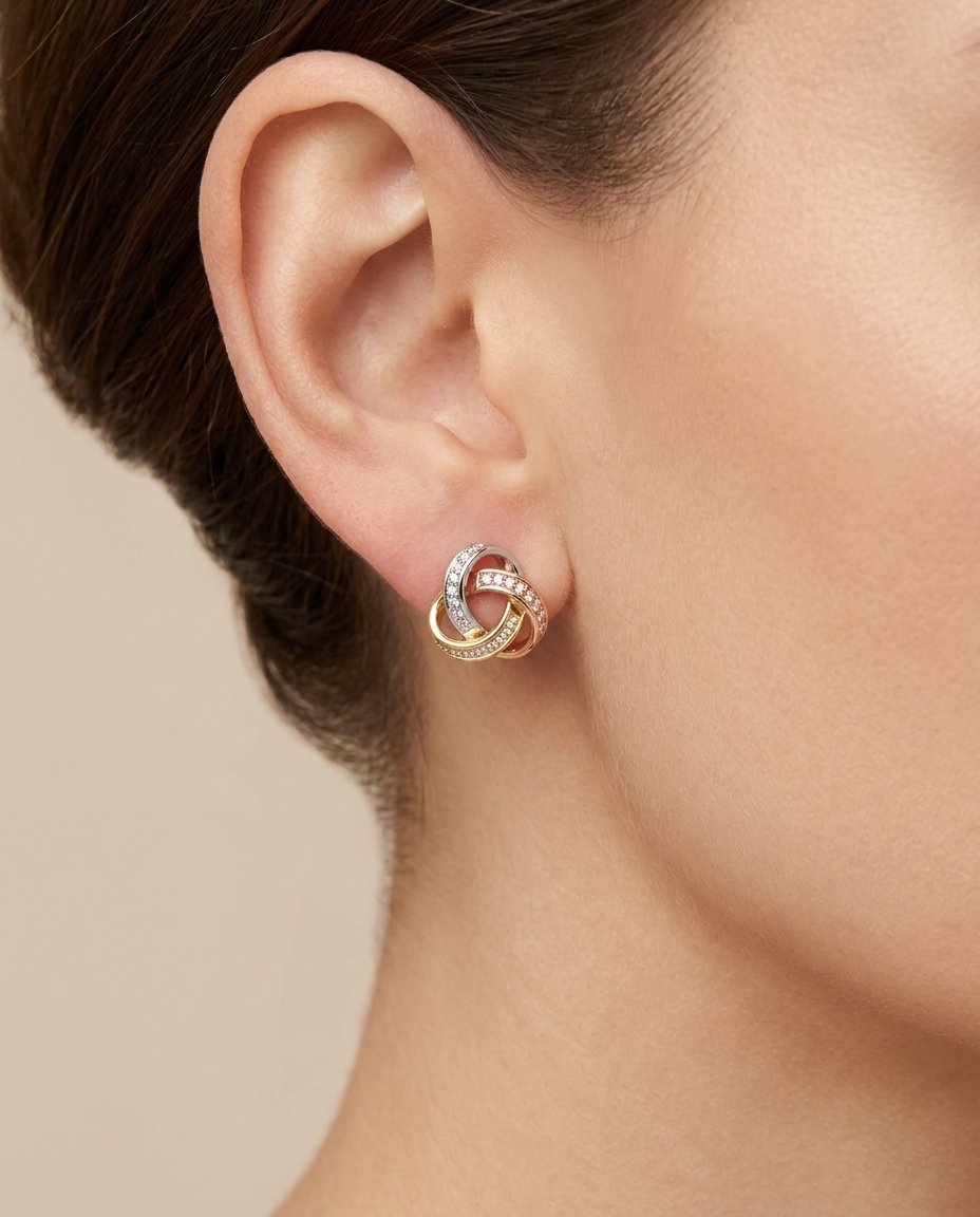 14KT Tri Color Gold Diamonds Stud Earrings on model