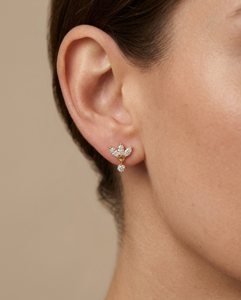 14KT Gold Marquise Diamond Earring on model
