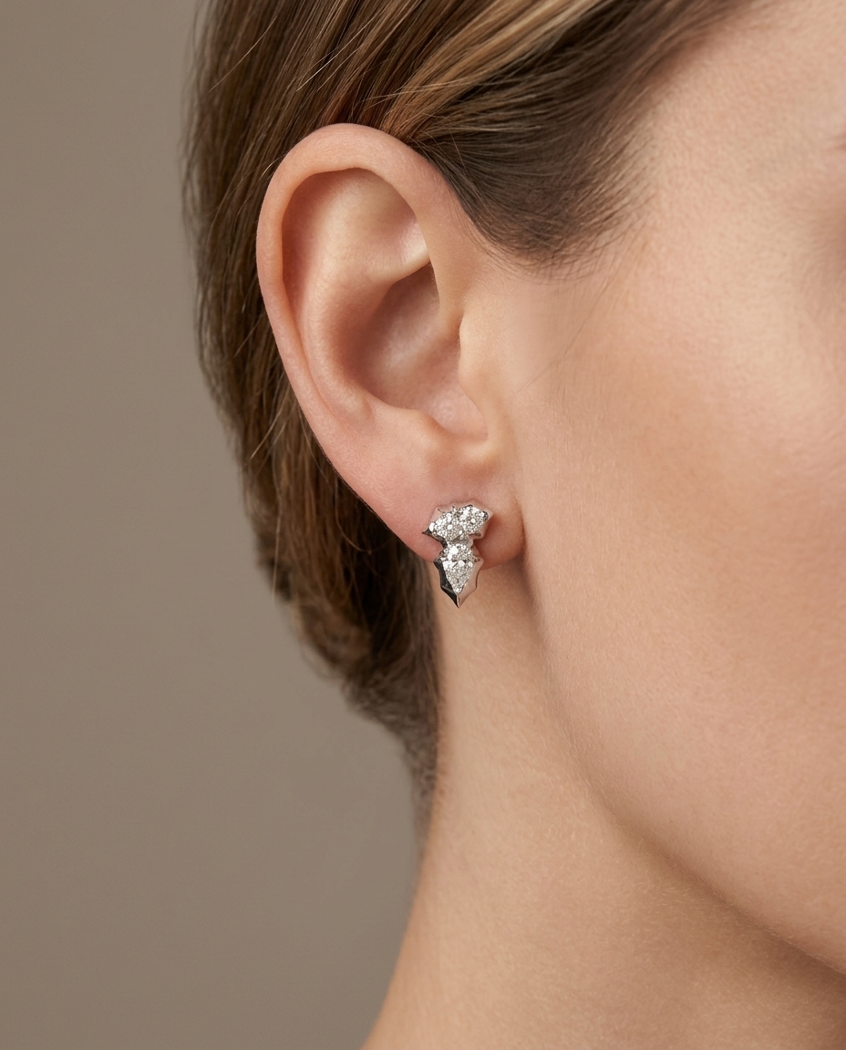 14KT White Gold Pear and Marquise Shape Diamond Earring on model
