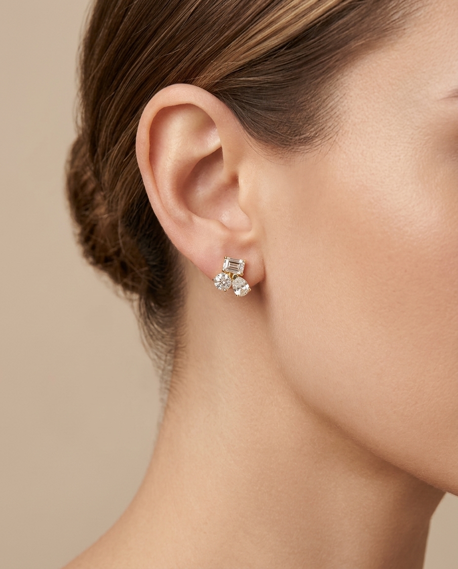 14KT Gold Diamond Earrings on model