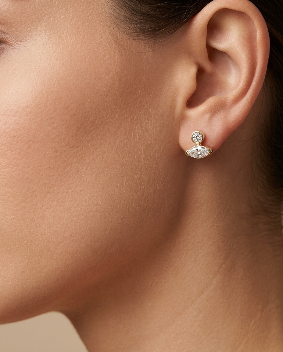 14KT Yellow Gold Bezeled Diamond and Marquise Diamond Earring on model