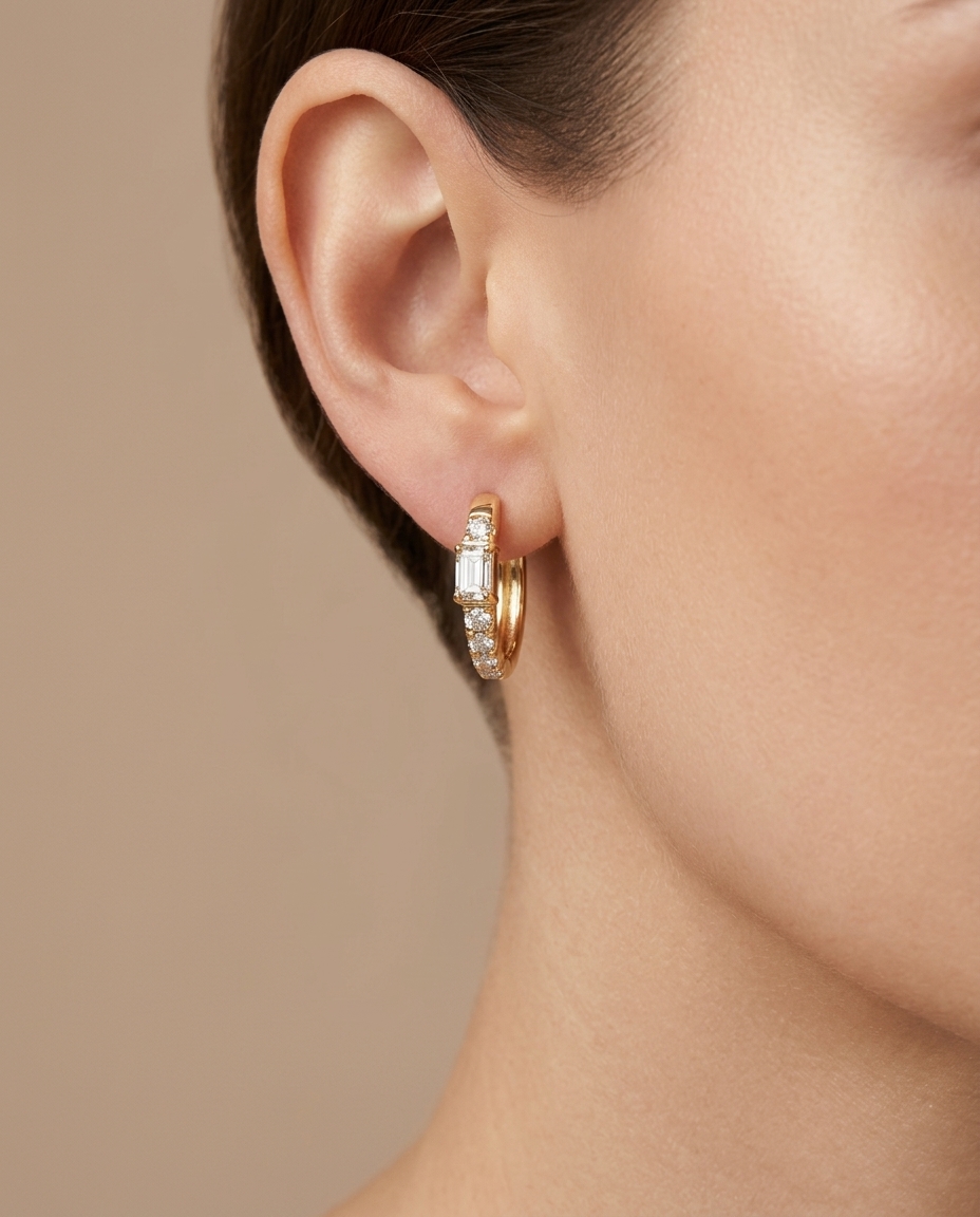 14KT Yellow Gold Diamonds Huggies on model
