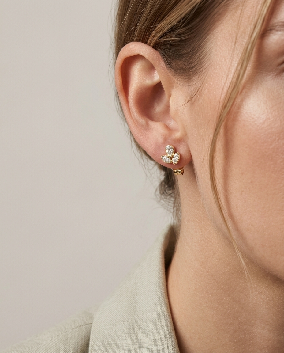 14KT Yellow Gold Pear and Marquise Shape Diamond Earrings on model