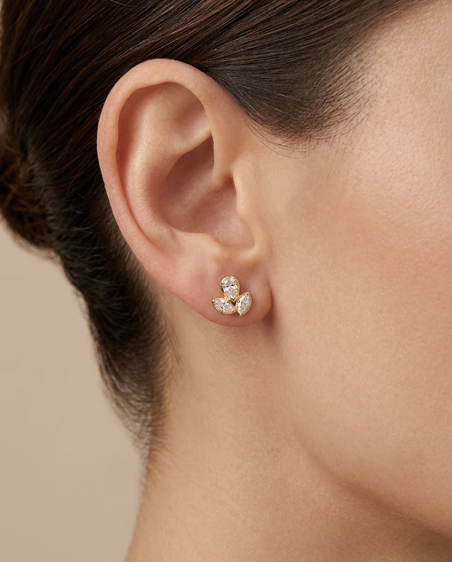 14KT Yellow Gold Pear and Marquise Shape Diamond Earrings on model