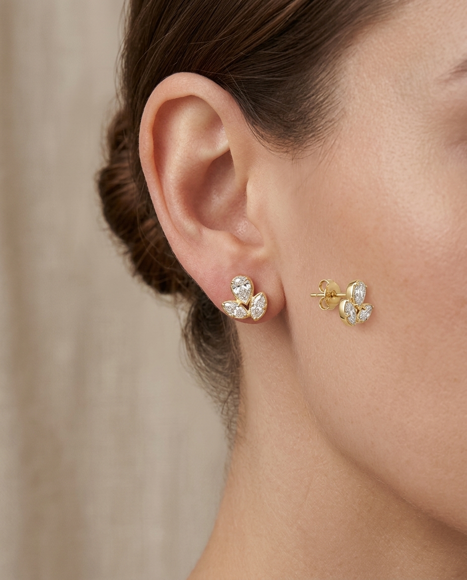 14KT Yellow Gold Pear and Marquise Shape Diamond Earrings on model