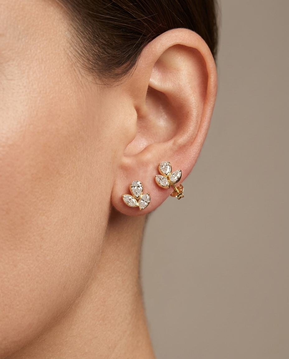 14KT Yellow Gold Pear and Marquise Shape Diamond Earrings on model